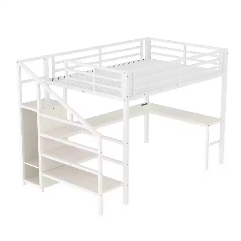 Lit mezzanine Queen avec LED, bureau en L et USB, lit mezzanine en métal avec armoire et étagère réglable pour enfants, adolescents et adultes