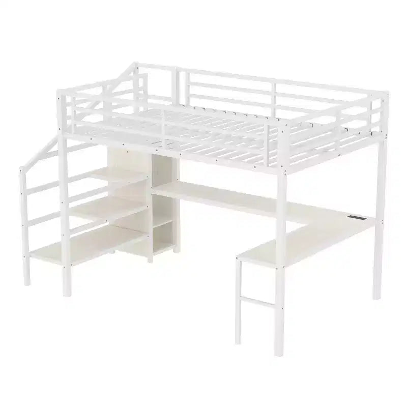 Lit mezzanine Queen avec LED, bureau en L et USB, lit mezzanine en métal avec armoire et étagère réglable pour enfants, adolescents et adultes