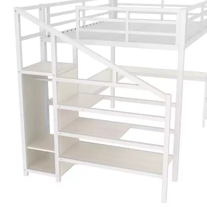 Lit mezzanine Queen avec LED, bureau en L et USB, lit mezzanine en métal avec armoire et étagère réglable pour enfants, adolescents et adultes