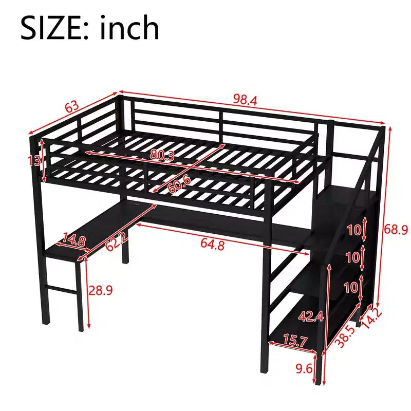 Lit mezzanine Queen avec LED, bureau en L et USB, lit mezzanine en métal avec armoire et étagère réglable pour enfants, adolescents et adultes