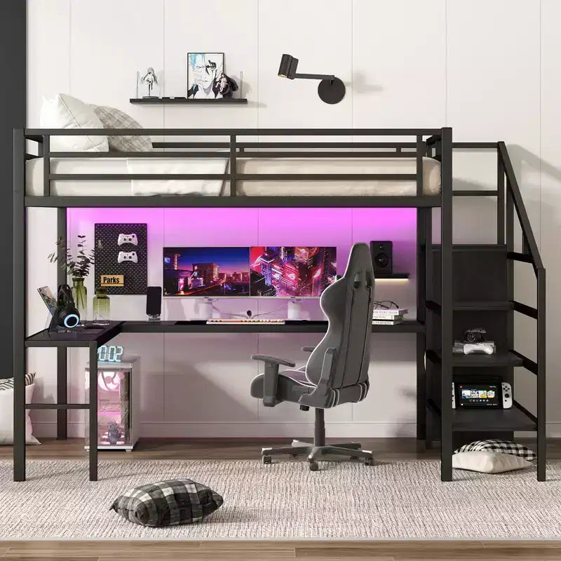 Lit mezzanine Queen avec LED, bureau en L et USB, lit mezzanine en métal avec armoire et étagère réglable pour enfants, adolescents et adultes