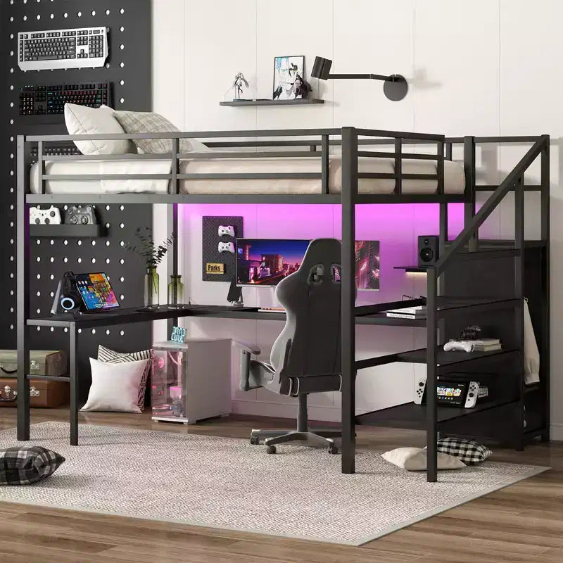 Lit mezzanine Queen avec LED, bureau en L et USB, lit mezzanine en métal avec armoire et étagère réglable pour enfants, adolescents et adultes