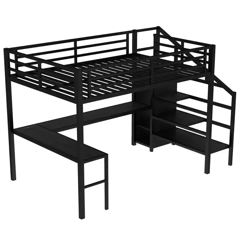 Lit mezzanine Queen avec LED, bureau en L et USB, lit mezzanine en métal avec armoire et étagère réglable pour enfants, adolescents et adultes