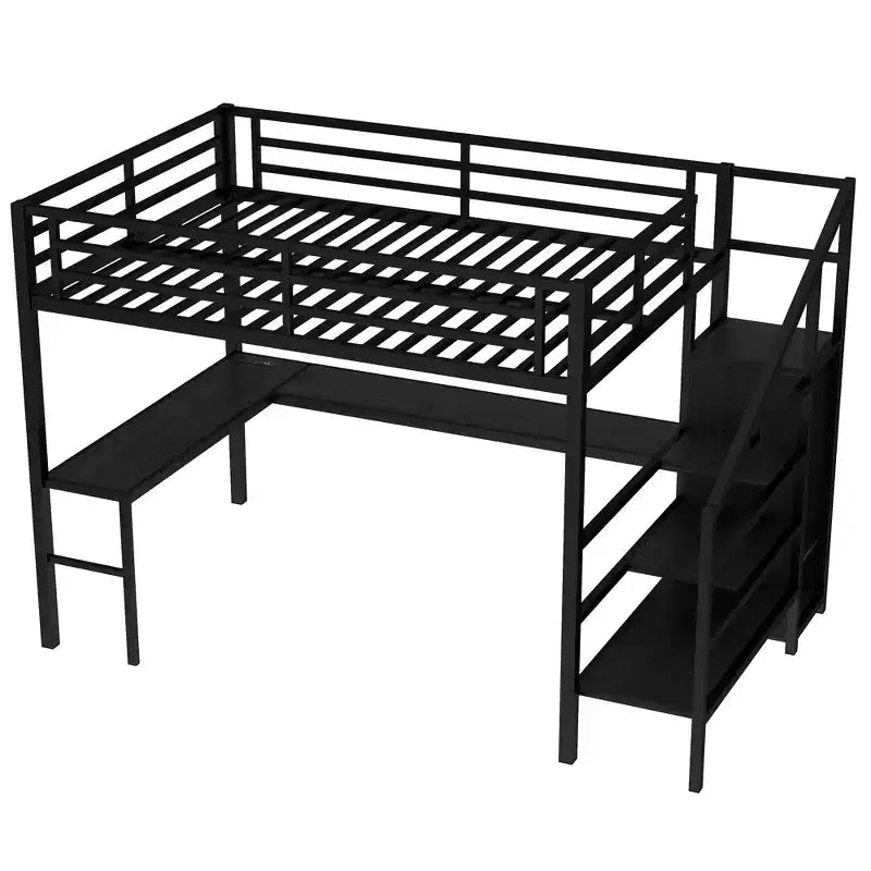 Lit mezzanine Queen avec LED, bureau en L et USB, lit mezzanine en métal avec armoire et étagère réglable pour enfants, adolescents et adultes