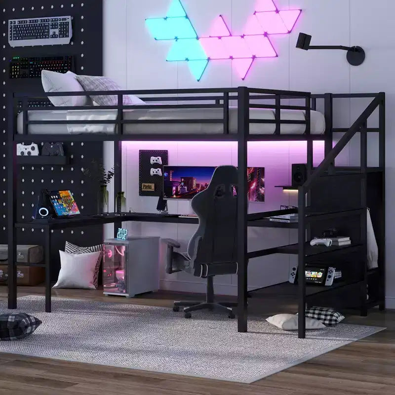Bellemave Queen Loft Bed with LED, L-shaped Desk and USB,Metal Loft Bed with Wardrobe and Adjustable Shelf for Kids,Teens and Adults
