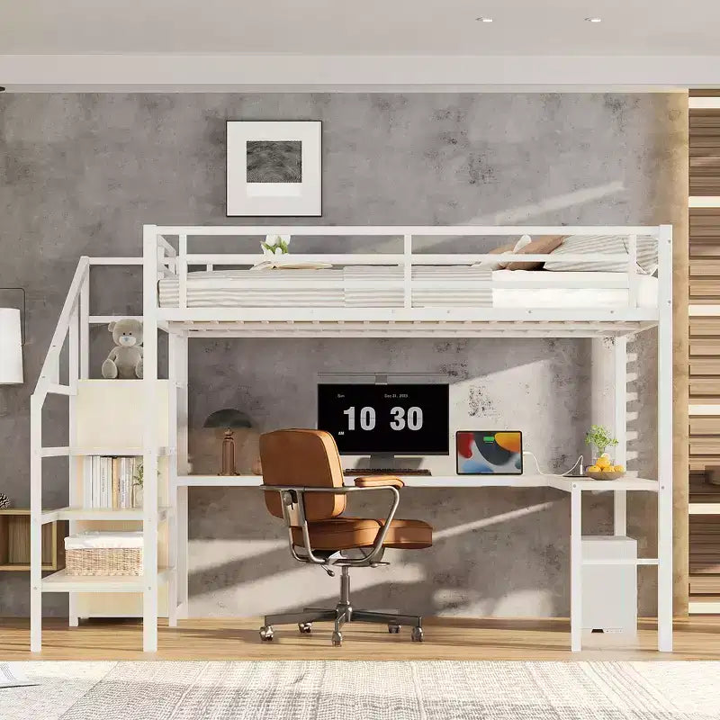 Lit mezzanine Queen avec LED, bureau en L et USB, lit mezzanine en métal avec armoire et étagère réglable pour enfants, adolescents et adultes