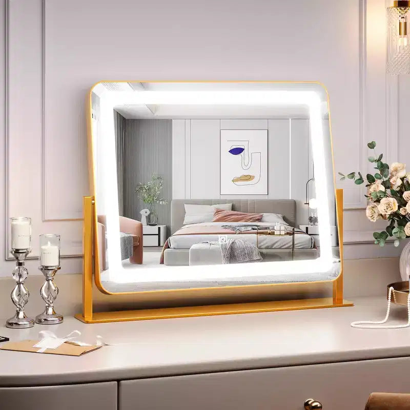 Miroir de courtoisie rond doré 19,6x15,7 C, rotation à 360° pour chambre/coiffeuse