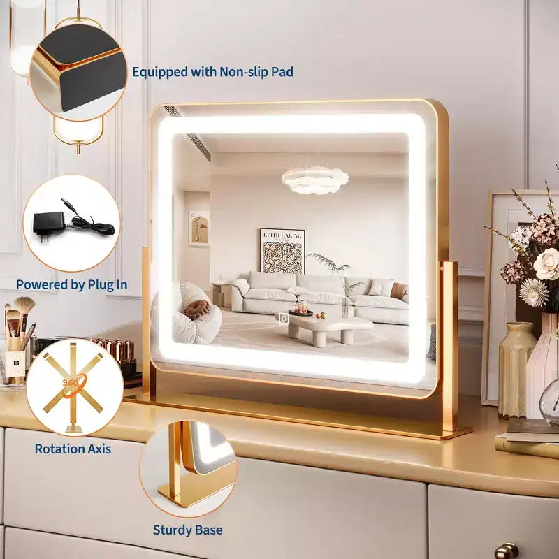 Miroir de courtoisie rond doré 19,6x15,7 C, rotation à 360° pour chambre/coiffeuse