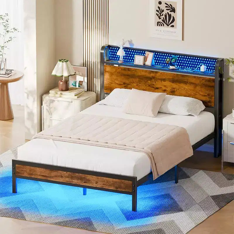 Full Size Platform Bed Frame with Storage Headboard LED Lights Charging Station Industrial Metal Heavy Duty No Box Spring Needed Rustic Wood