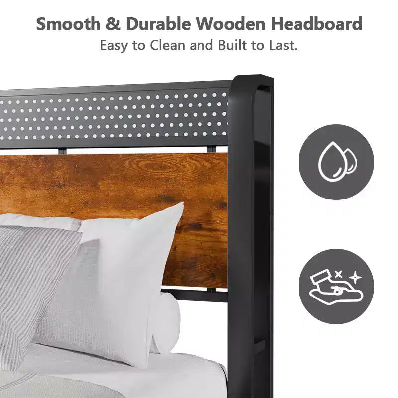 Cadre de lit plateforme pleine grandeur avec tête de lit de rangement, lumières LED, station de charge, en métal industriel robuste, pas besoin de sommier tapissier, bois rustique