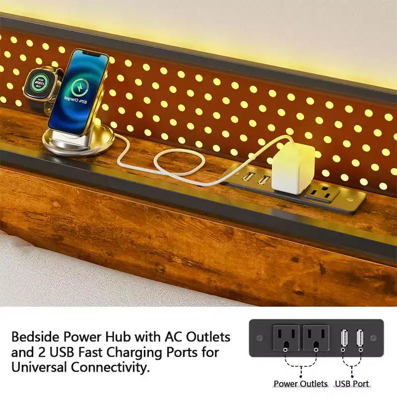 Cadre de lit plateforme pleine grandeur avec tête de lit de rangement, lumières LED, station de charge, en métal industriel robuste, pas besoin de sommier tapissier, bois rustique