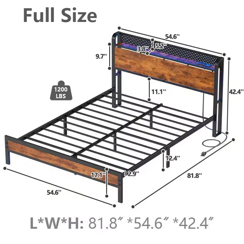 Cadre de lit plateforme pleine grandeur avec tête de lit de rangement, lumières LED, station de charge, en métal industriel robuste, pas besoin de sommier tapissier, bois rustique