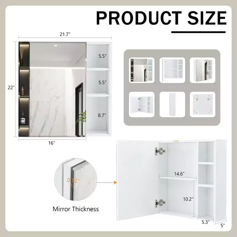 Armoire de toilette, Miroir de salle de bain, Mural autoportant pour le rangement et le gain de place