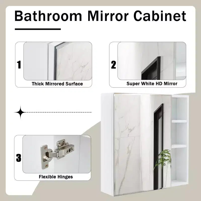 Armoire de toilette, Miroir de salle de bain, Mural autoportant pour le rangement et le gain de place