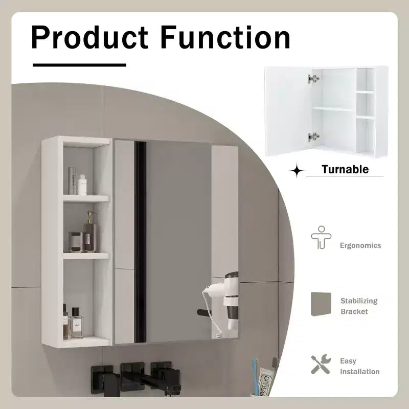 Armoire de toilette, Miroir de salle de bain, Mural autoportant pour le rangement et le gain de place