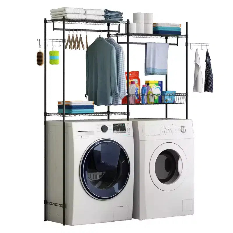 Over The Washer and Dryer Storage Shelves, Clothes Drying Rack with Wire Basket Side Hook, 4-Tier Laundry Room Storage Rack