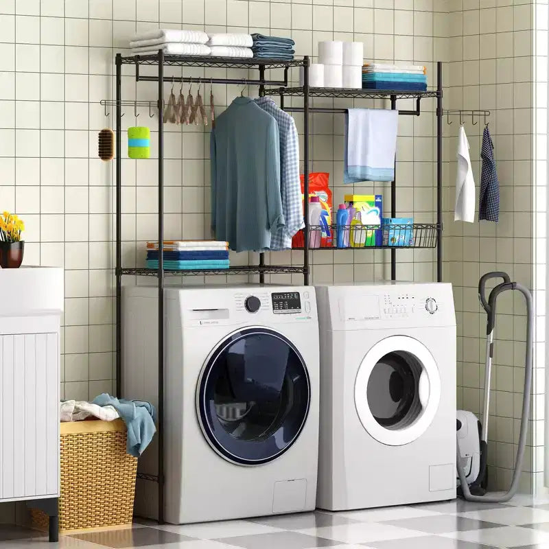 Étagères de rangement au-dessus de la machine à laver et du sèche-linge, séchoir à linge avec panier en fil métallique et crochet latéral, étagère de rangement à 4 niveaux pour buanderie