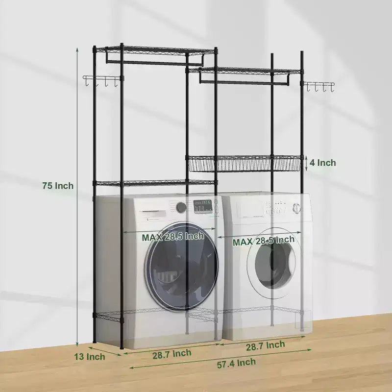 Étagères de rangement au-dessus de la machine à laver et du sèche-linge, séchoir à linge avec panier en fil métallique et crochet latéral, étagère de rangement à 4 niveaux pour buanderie