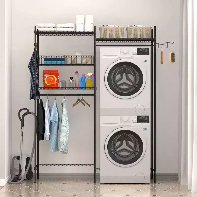 Étagères de rangement au-dessus de la machine à laver et du sèche-linge, séchoir à linge avec panier en fil métallique et crochet latéral, étagère de rangement à 4 niveaux pour buanderie