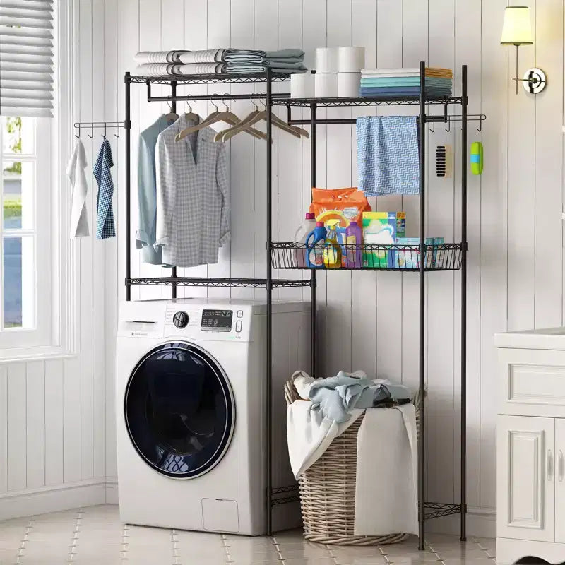 Étagères de rangement au-dessus de la machine à laver et du sèche-linge, séchoir à linge avec panier en fil métallique et crochet latéral, étagère de rangement à 4 niveaux pour buanderie