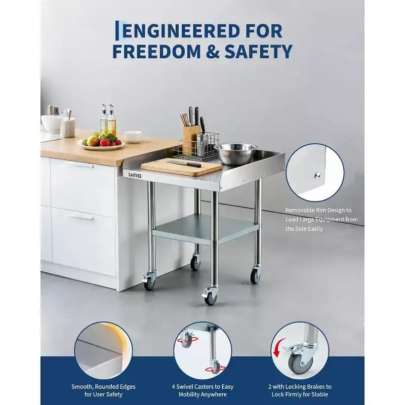 Table en acier inoxydable pour la préparation et le travail avec roulettes, table de cuisine commerciale en métal robuste avec étagère inférieure réglable pour restaurant