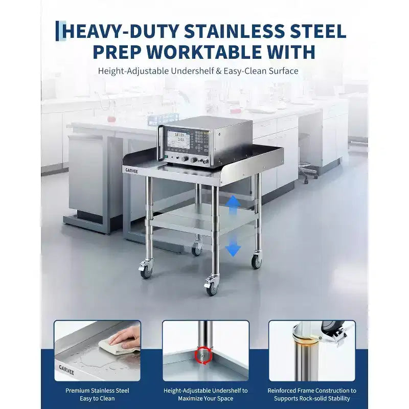Table en acier inoxydable pour la préparation et le travail avec roulettes, table de cuisine commerciale en métal robuste avec étagère inférieure réglable pour restaurant