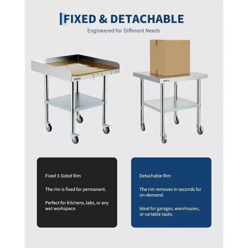 Table en acier inoxydable pour la préparation et le travail avec roulettes, table de cuisine commerciale en métal robuste avec étagère inférieure réglable pour restaurant