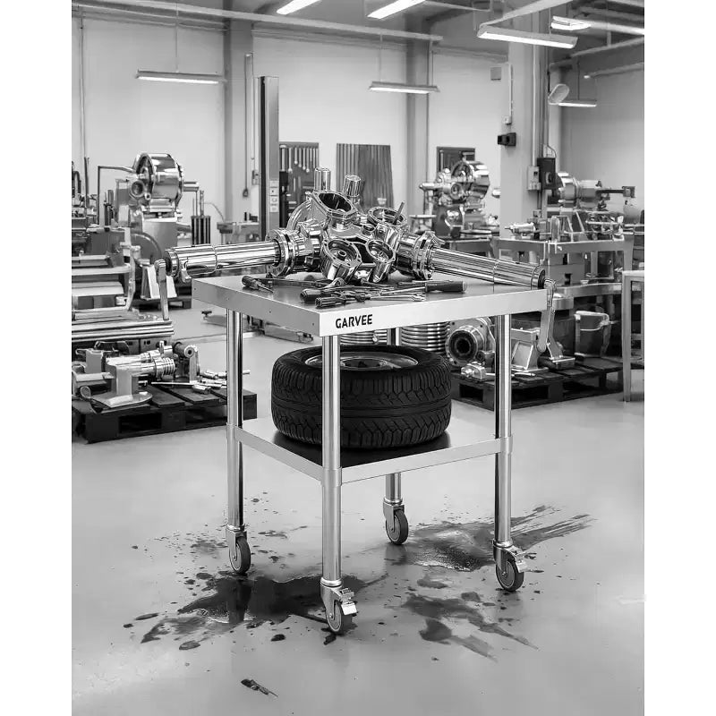Table en acier inoxydable pour la préparation et le travail avec roulettes, table de cuisine commerciale en métal robuste avec étagère inférieure réglable pour restaurant