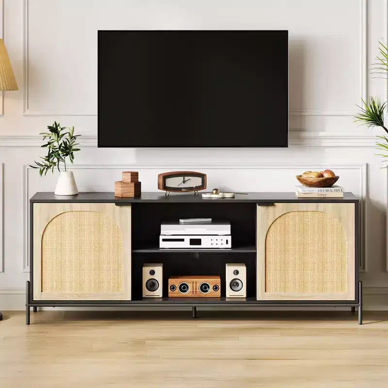 COZONY Rattan TV Stand for 75 . Mid-Century Modern Entertainment Center w/ Adjustable Shelf