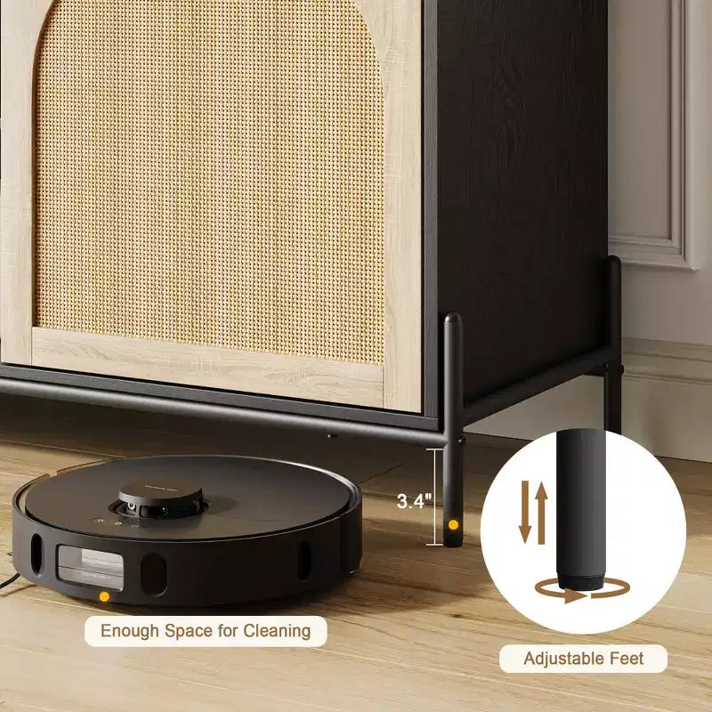 Meuble TV en rotin pour téléviseur de 75 pouces. Meuble TV moderne du milieu du siècle avec étagère réglable