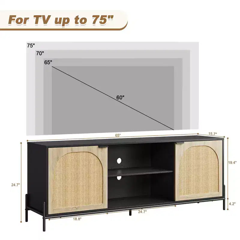 Meuble TV en rotin pour téléviseur de 75 pouces. Meuble TV moderne du milieu du siècle avec étagère réglable
