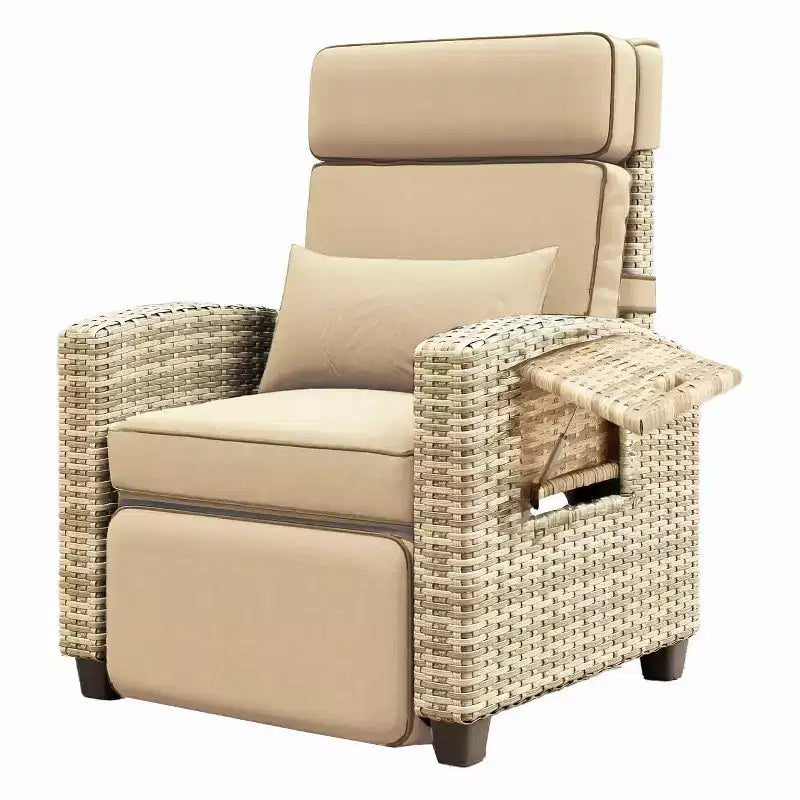 Outdoor Recliner Chair with Cushion, Adjustable Patio Lounge Chair with Flip-Up Side Table, 145 Reclining Backrest & Footrest, All-Weather PE Wicker