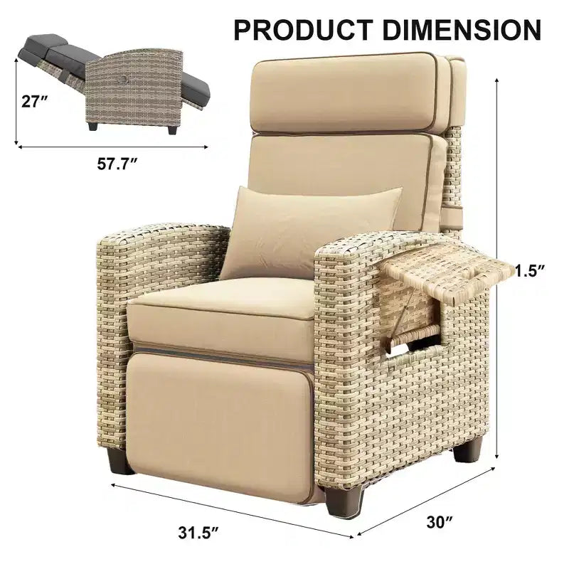 Chaise longue d'extérieur avec coussin, chaise longue de patio réglable avec tablette latérale escamotable, dossier et repose-pieds inclinables à 145°, en rotin PE tout temps