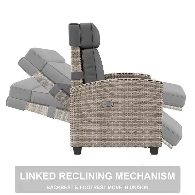 Chaise longue d'extérieur avec coussin, chaise longue de patio réglable avec tablette latérale escamotable, dossier et repose-pieds inclinables à 145°, en rotin PE tout temps