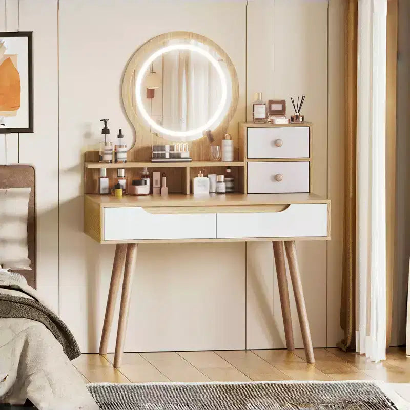 Makeup Vanity with 3 Colors Modes Adjustable Brightness Mirror, 4 Drawers and 3 Open Storage Shelves, Dressing Table, Makeup Desk