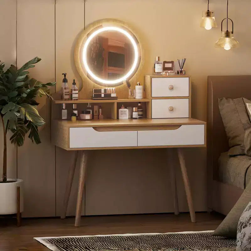Coiffeuse avec miroir à 3 modes de couleur et luminosité réglable, 4 tiroirs et 3 étagères ouvertes, Table de maquillage, Bureau de maquillage