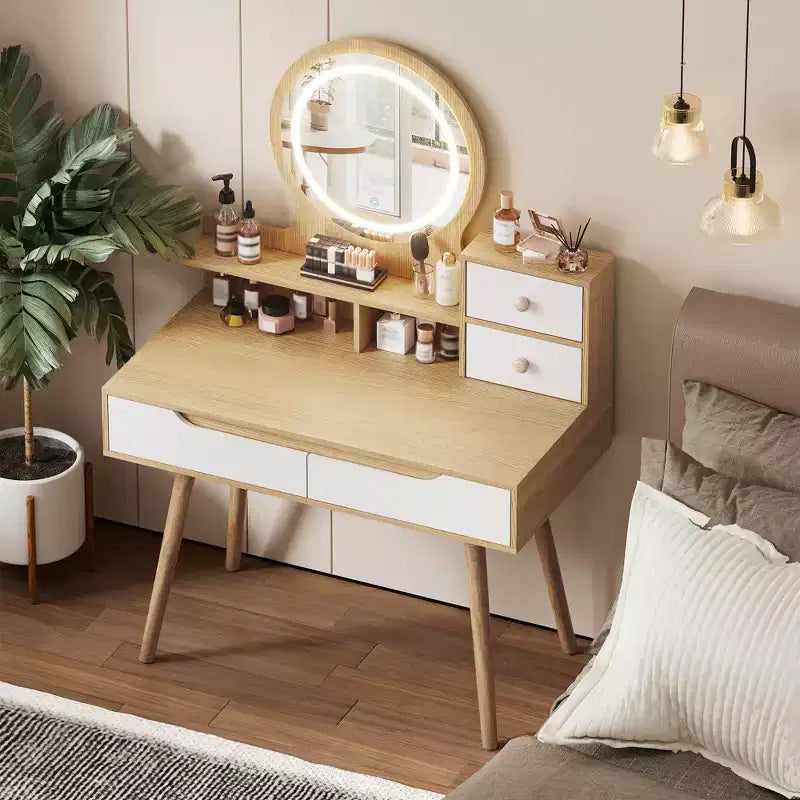 Coiffeuse avec miroir à 3 modes de couleur et luminosité réglable, 4 tiroirs et 3 étagères ouvertes, Table de maquillage, Bureau de maquillage
