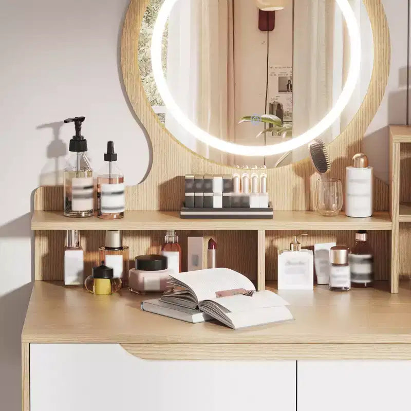Coiffeuse avec miroir à 3 modes de couleur et luminosité réglable, 4 tiroirs et 3 étagères ouvertes, Table de maquillage, Bureau de maquillage