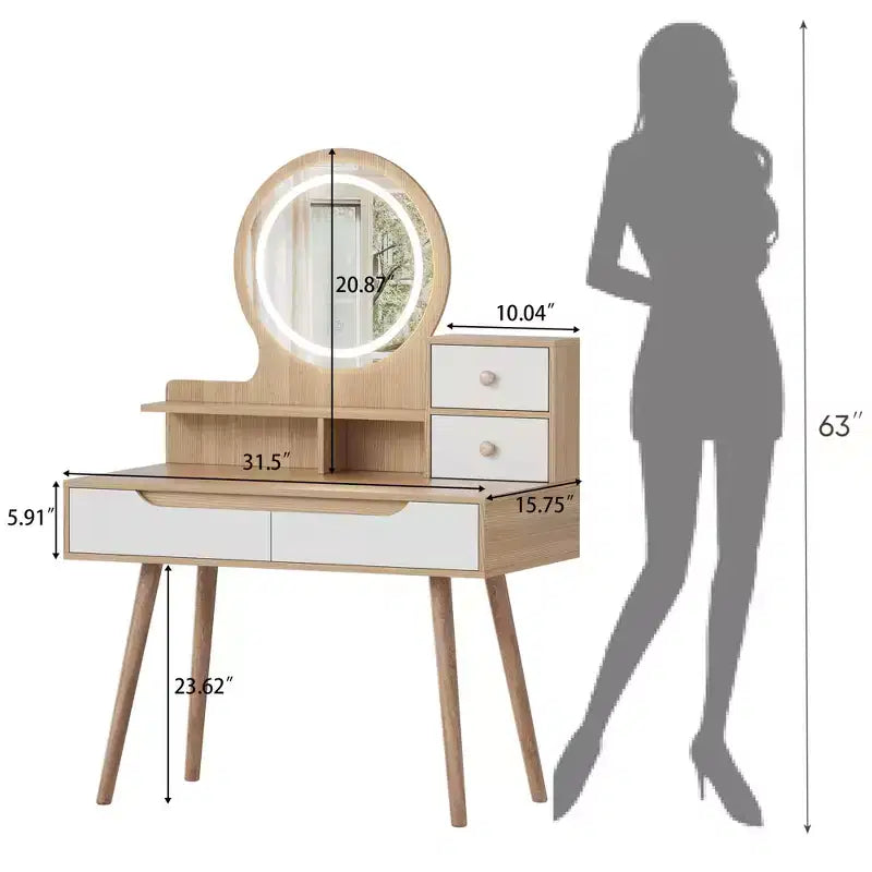 Coiffeuse avec miroir à 3 modes de couleur et luminosité réglable, 4 tiroirs et 3 étagères ouvertes, Table de maquillage, Bureau de maquillage