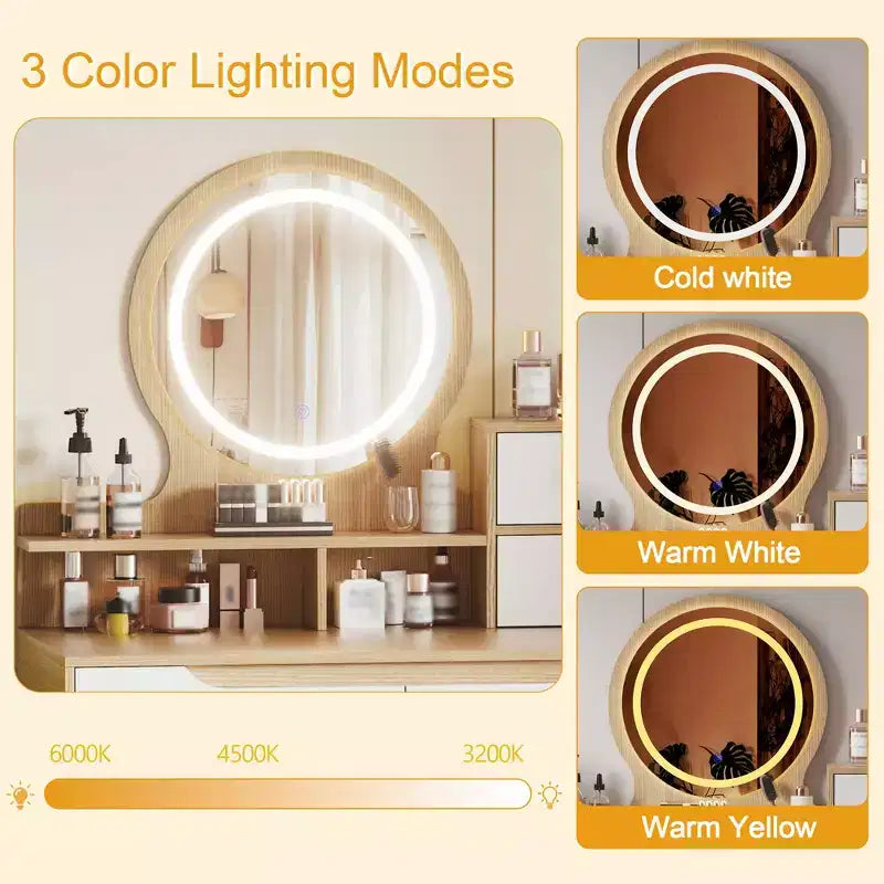 Coiffeuse avec miroir à 3 modes de couleur et luminosité réglable, 4 tiroirs et 3 étagères ouvertes, Table de maquillage, Bureau de maquillage