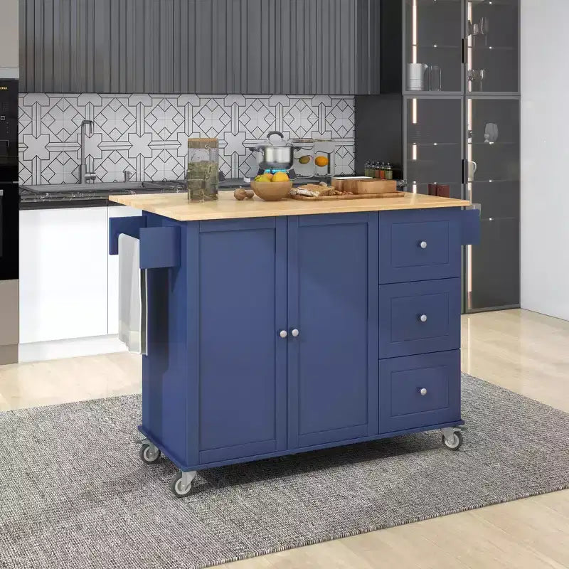 sumyeg Rolling Kitchen Island with Solid Wood Top, Drop Leaf Bar, Locking Wheels, Storage Cabinet, Spice Rack, Towel Rack and Drawer, 52.7inch