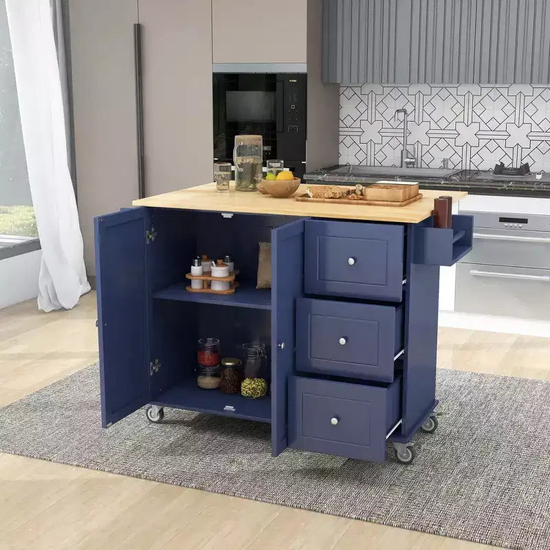 Îlot de cuisine roulant avec plateau en bois massif, bar à abattant, roulettes verrouillables, armoire de rangement, porte-épices, porte-serviettes et tiroir, 134 cm