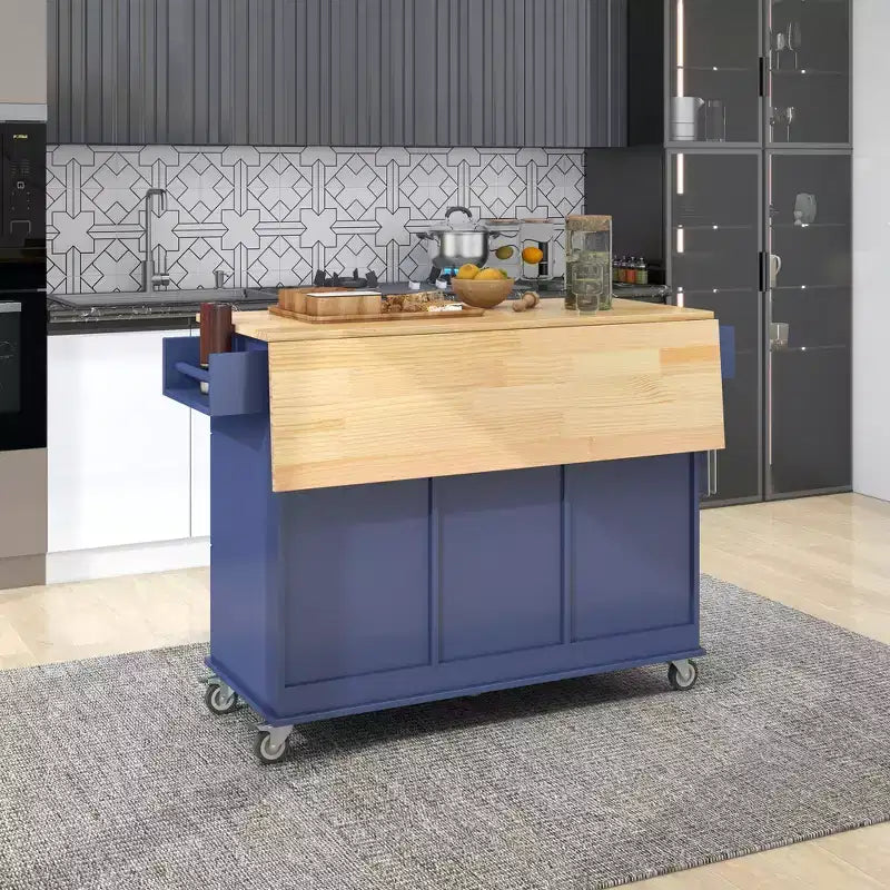 Îlot de cuisine roulant avec plateau en bois massif, bar à abattant, roulettes verrouillables, armoire de rangement, porte-épices, porte-serviettes et tiroir, 134 cm