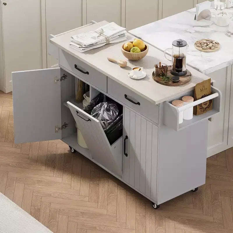 sumyeg Kitchen Island Cart with Trash Can Storage, Drop Leaf, Spice Rack, Towel Rack and Drawer, Rolling Cart with Adjustable Shelf for Kitchen