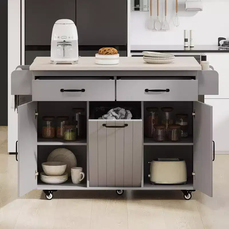 Desserte de cuisine îlot avec rangement pour poubelle, abattant, étagère à épices, porte-serviettes et tiroir, chariot roulant avec étagère réglable pour la cuisine
