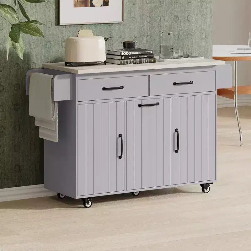 Desserte de cuisine îlot avec rangement pour poubelle, abattant, étagère à épices, porte-serviettes et tiroir, chariot roulant avec étagère réglable pour la cuisine