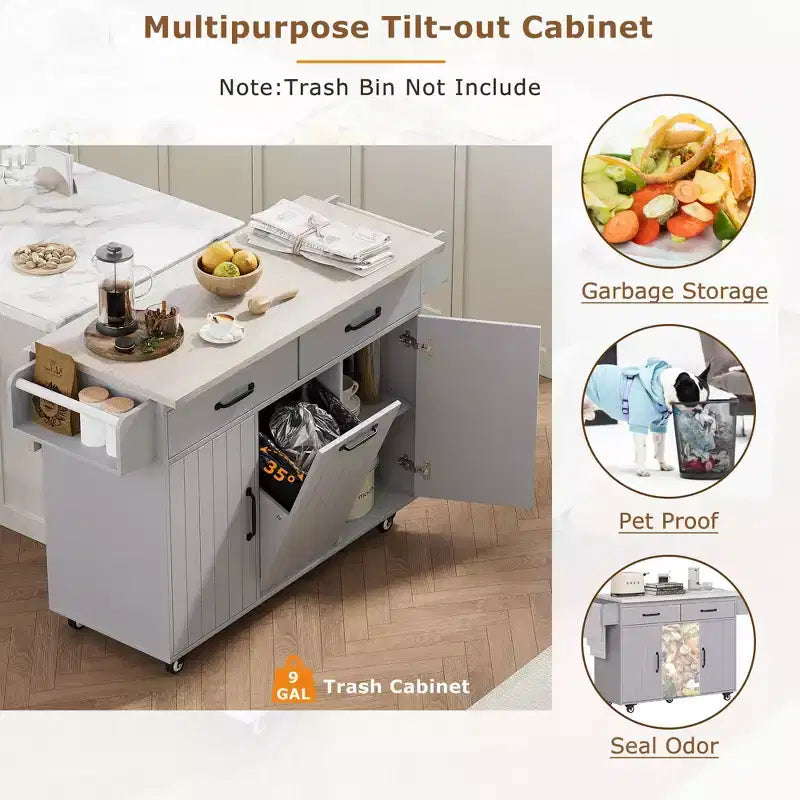 Desserte de cuisine îlot avec rangement pour poubelle, abattant, étagère à épices, porte-serviettes et tiroir, chariot roulant avec étagère réglable pour la cuisine