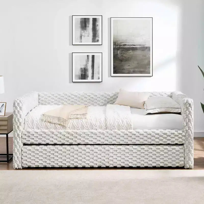 MAYEERTY Twin Size Bed Upholstered Sofa Bed Plaid Couduroy Fabric for Bedroom Beige