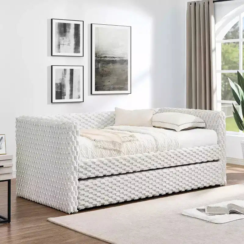 Lit double Canapé-lit capitonné en tissu velours côtelé à carreaux pour chambre à coucher Beige