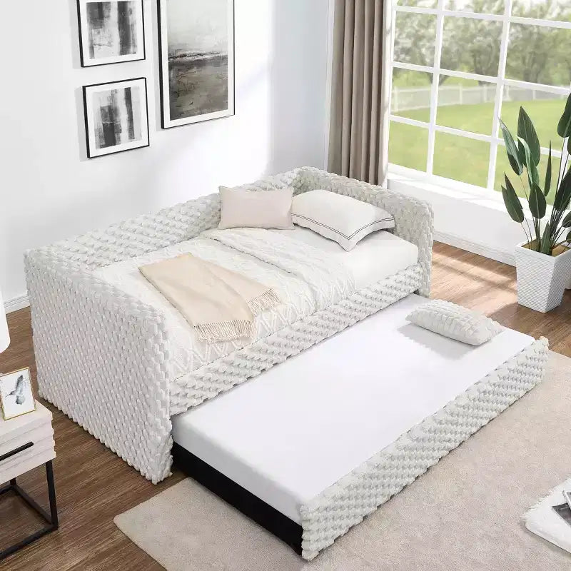 Lit double Canapé-lit capitonné en tissu velours côtelé à carreaux pour chambre à coucher Beige
